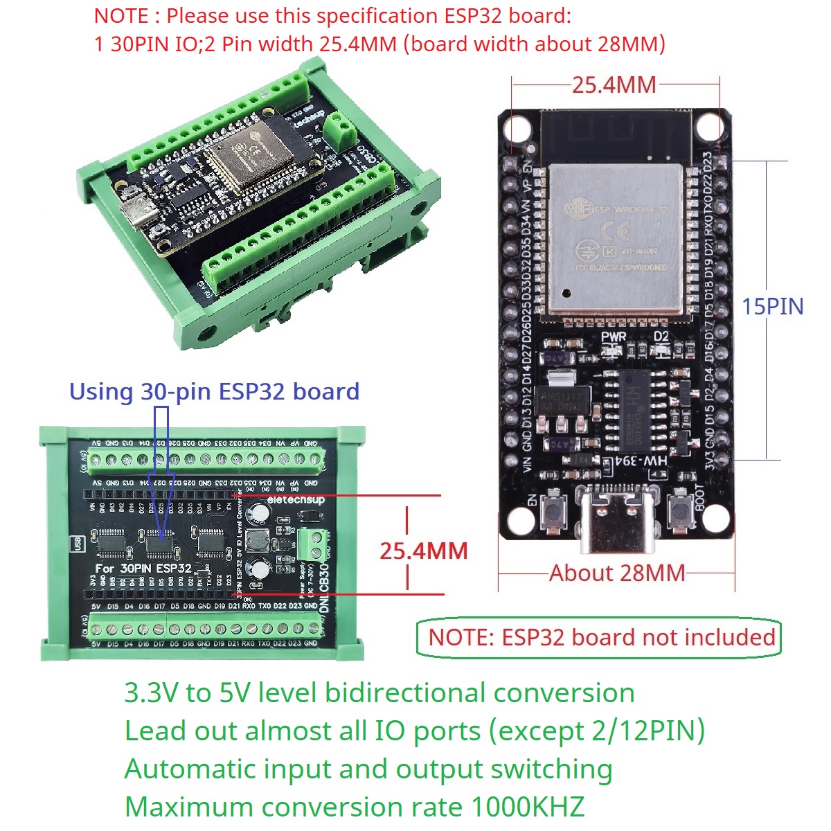 ESP32 30P DIN Ray Adaptörü, En - Level Shifter 3.3V incelemesi ve fiyatı